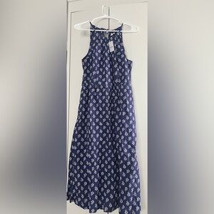 J. Crew Navy Blue Printed Halter Maxi Dress with White Motif